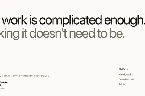 MyHoursLog footer: “Your work is complicated enough. Tracking it doesn’t need to be.” with “Made by Marek Jacko, a contractor who wanted it to exist” and a Made in Europe mark.
