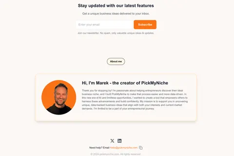 PickMyNiche footer: a newsletter signup and a short note, “Hi, I’m Marek – the creator of PickMyNiche”, with a portrait.