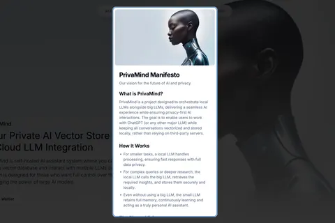 The PrivaMind manifesto open over the landing page, explaining local models working alongside larger cloud models.