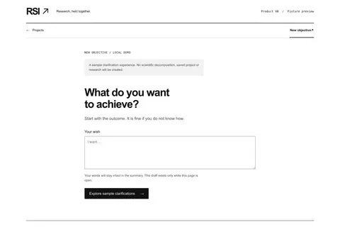 RSI new-objective screen asking “What do you want to achieve?” with a text box labelled “Your wish”.