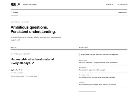 RSI product preview: a project titled “Harvestable structural material. Every 30 days.” with its target range and research state, marked as a local preview with no live research.