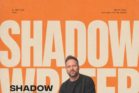 Orange Shadow Writer poster with a man sitting on a stool in front of the large words “Shadow Writer”.