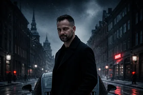 Book cover for “Shadow Protocol, a Swedish AI thriller” by Marek Jacko: a man in a dark coat on a rain-wet city street at night, a car’s red tail lights behind him.
