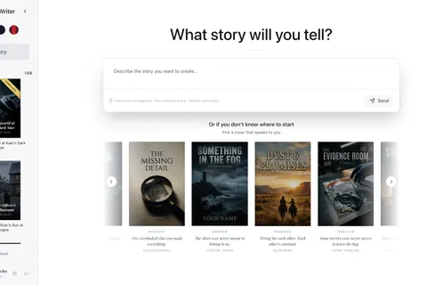 Shadow Writer app: a prompt asking “What story will you tell?” above a row of story covers, with a sidebar of stories.
